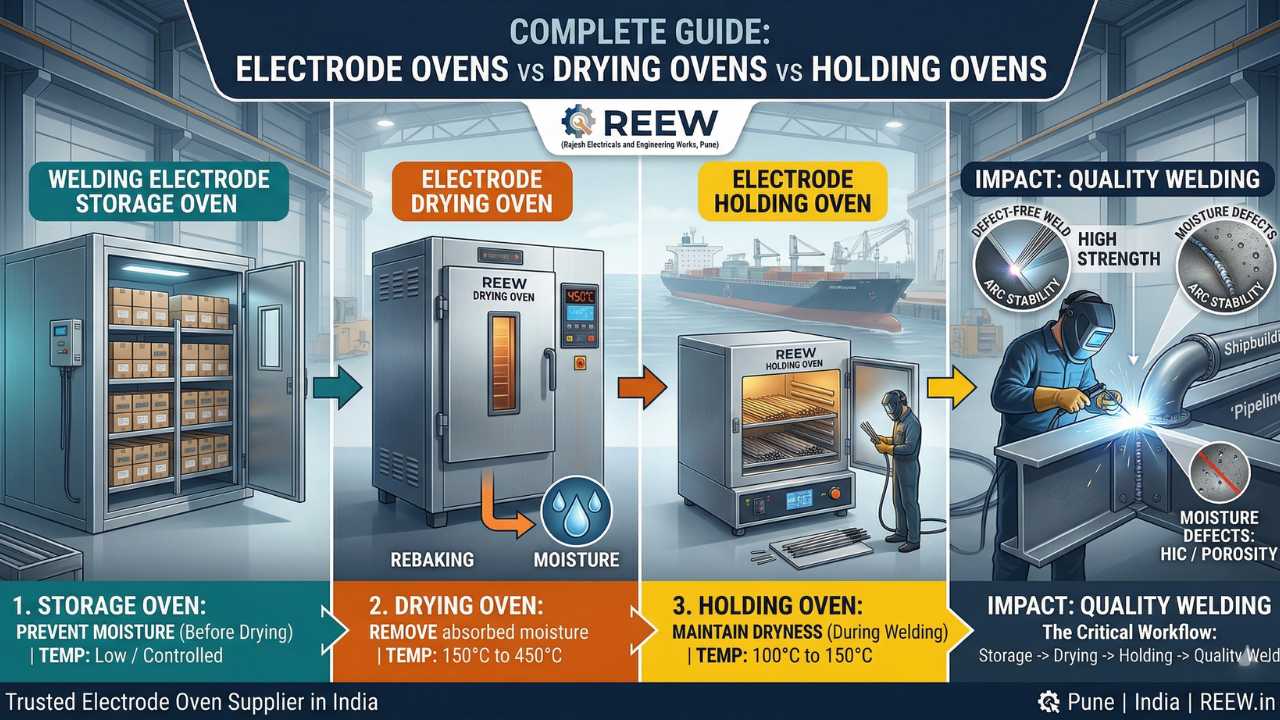 Electrode drying oven rebaking welding electrodes at 350°C in industrial workshop India.