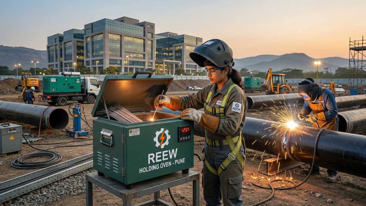 Portable electrode holding oven used at pipeline welding site to maintain low hydrogen electrodes