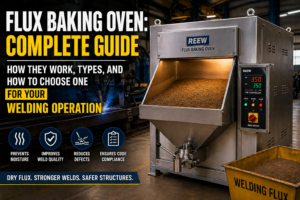 Industrial flux baking oven used for drying submerged arc welding flux in a fabrication workshop.