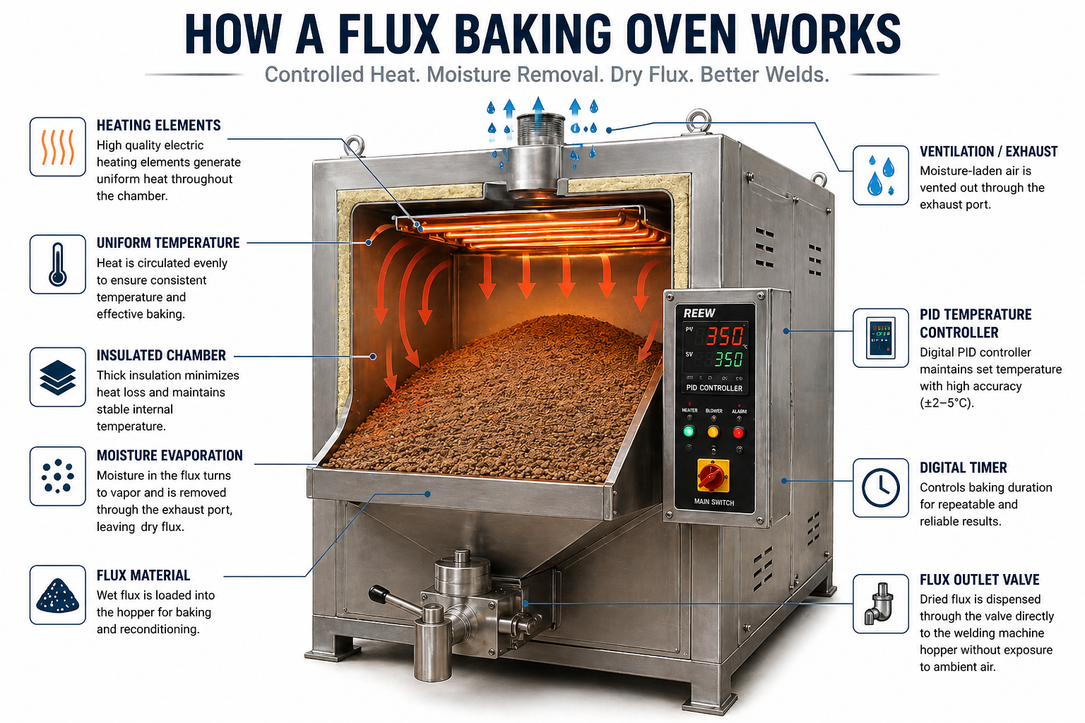 Working principle of a flux baking oven showing controlled heating and moisture removal.