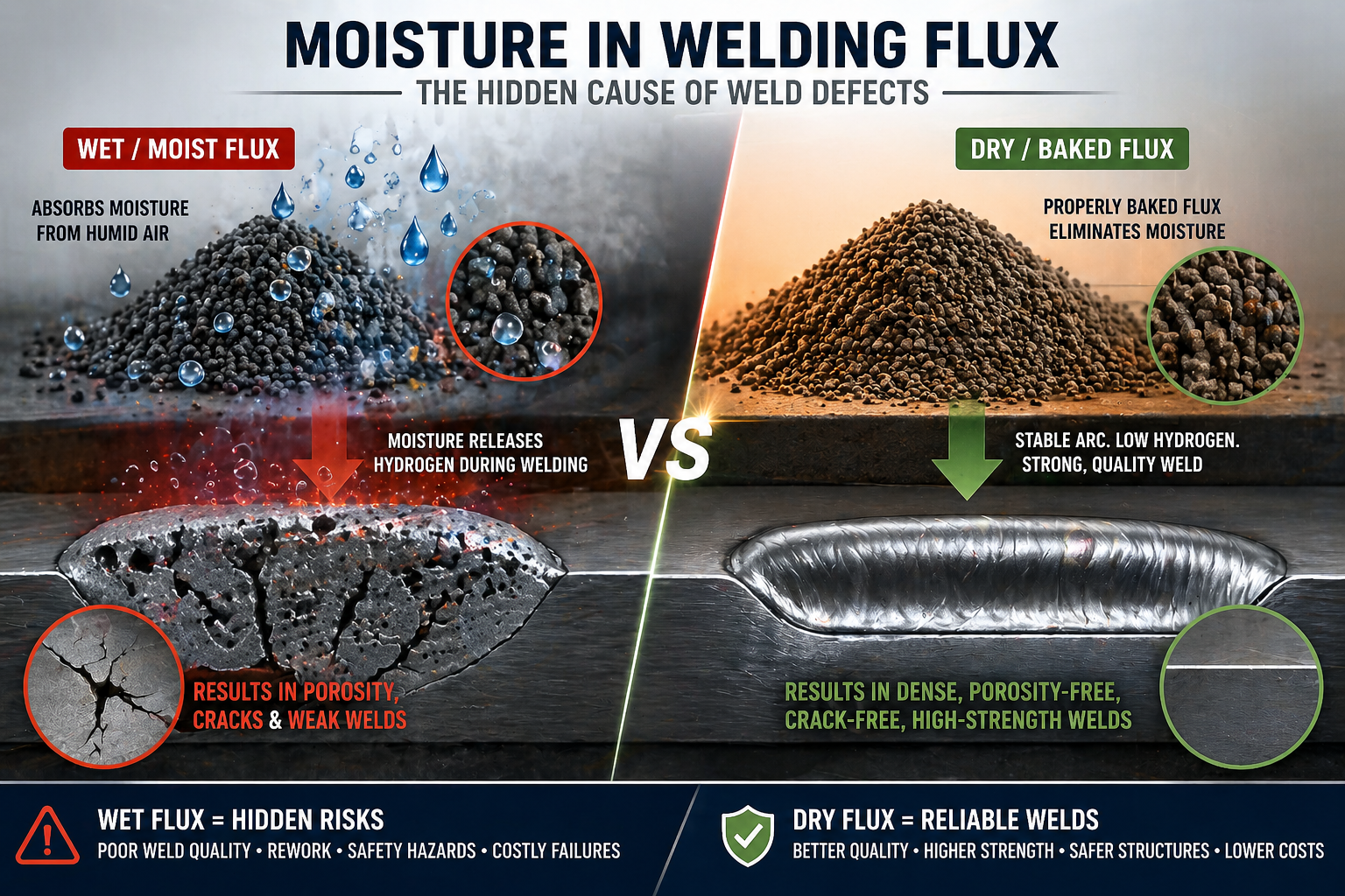 Effect of moisture in welding flux causing hydrogen induced cracking versus dry rebaked flux.
