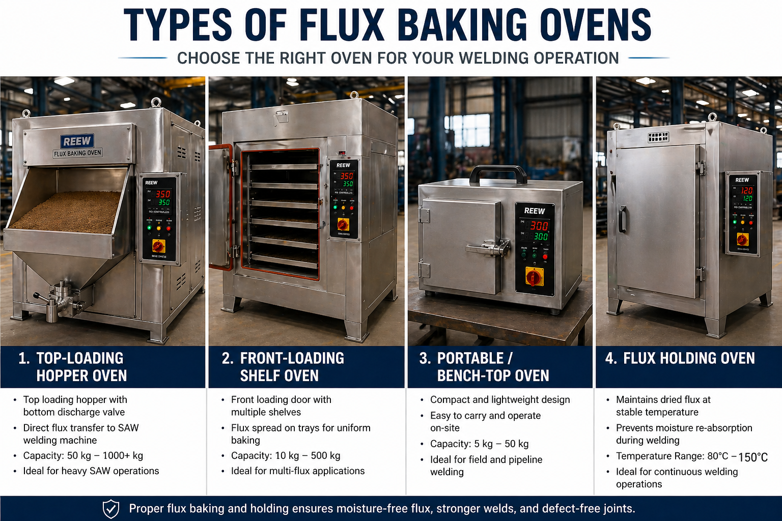 Different types of flux baking ovens including hopper type, shelf type, portable and holding ovens.