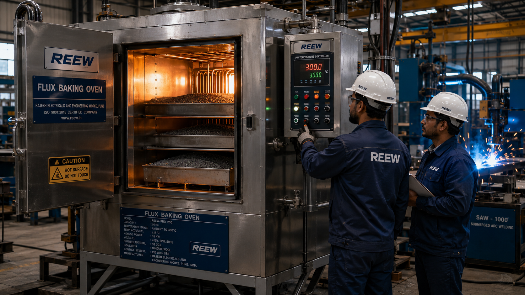REEW engineers manufacturing custom industrial flux baking ovens with stainless steel chambers and digital control systems in Pune.