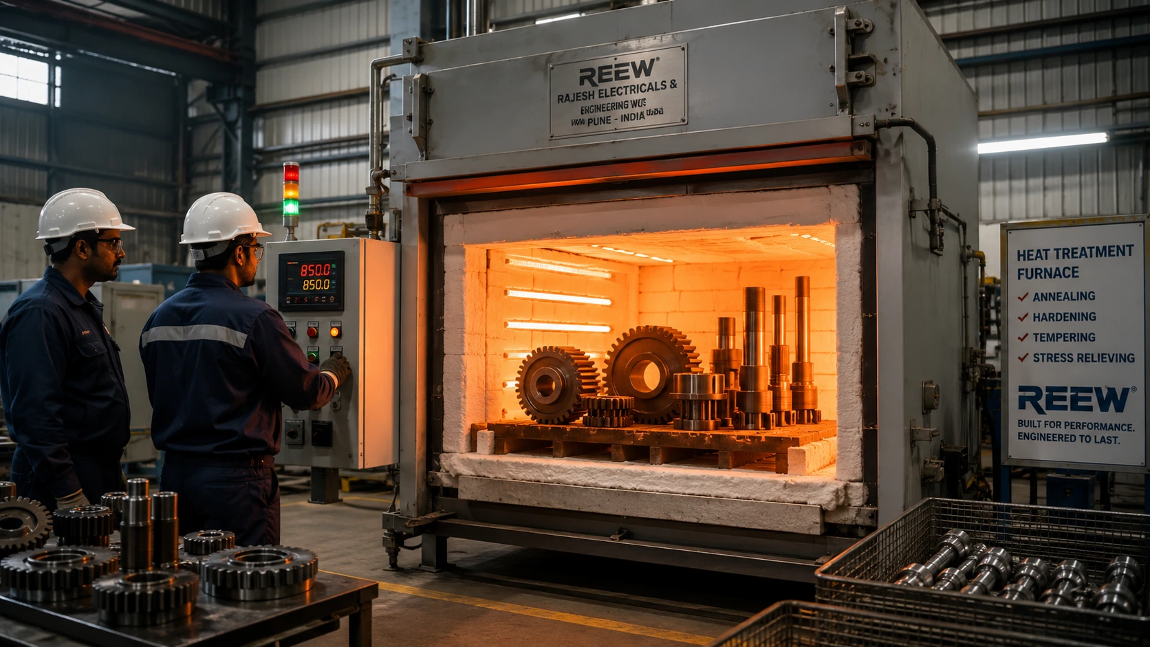 Heat treatment furnace manufacturer in India operating industrial chamber furnace for steel component heat treatment.
