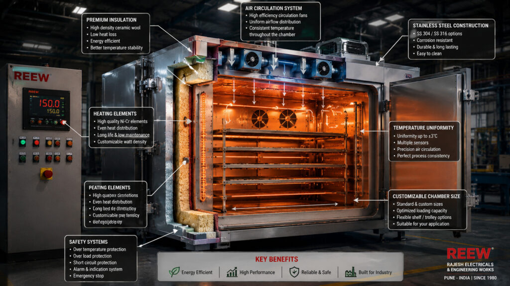 Industrial oven showing airflow system, PID controller, insulation and temperature uniformity features for factory applications