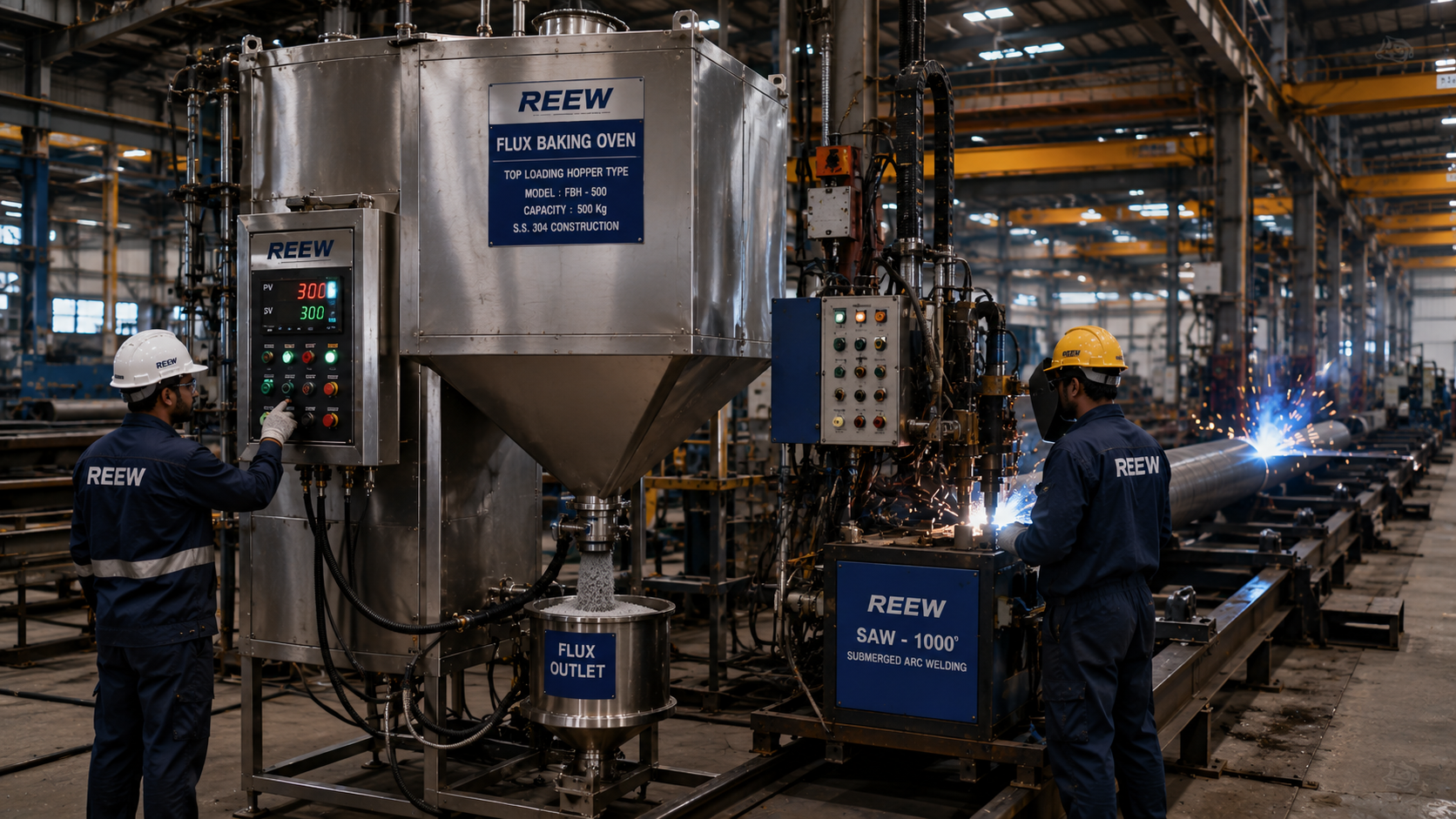 Top-loading hopper-type flux baking oven connected to submerged arc welding machine in a heavy fabrication plant.