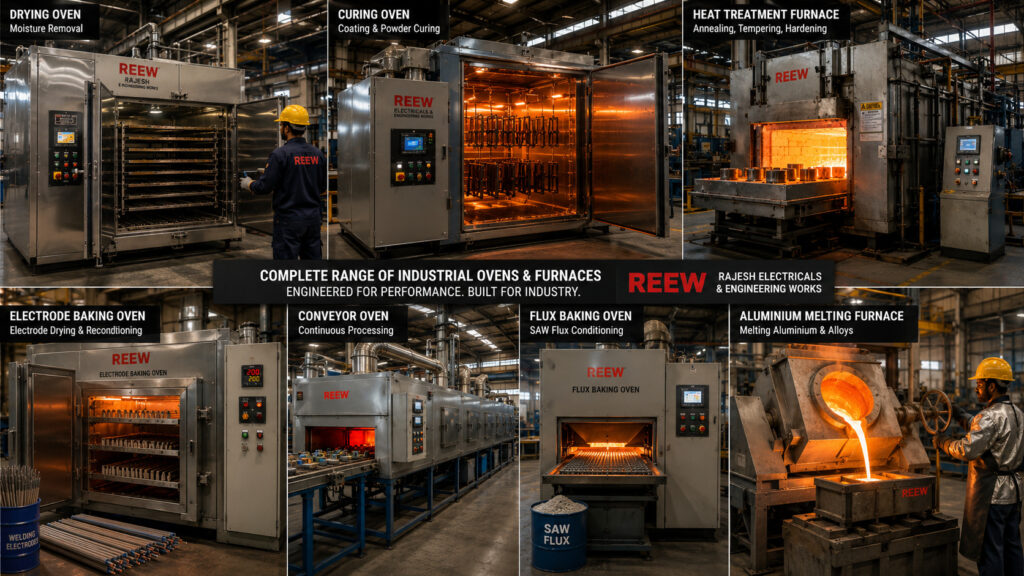 Different types of industrial ovens including drying ovens, curing ovens, conveyor ovens and heat treatment furnaces used in Indian industries