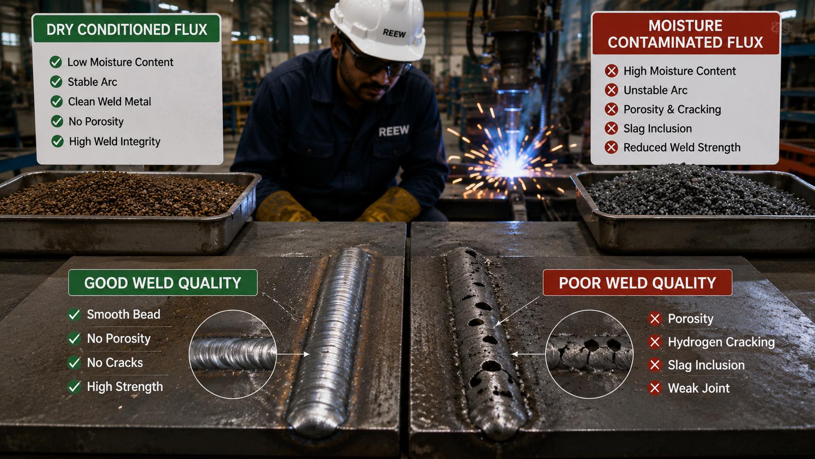 Comparison of dry and moisture-contaminated welding flux showing porosity and weld defects in industrial welding applications.