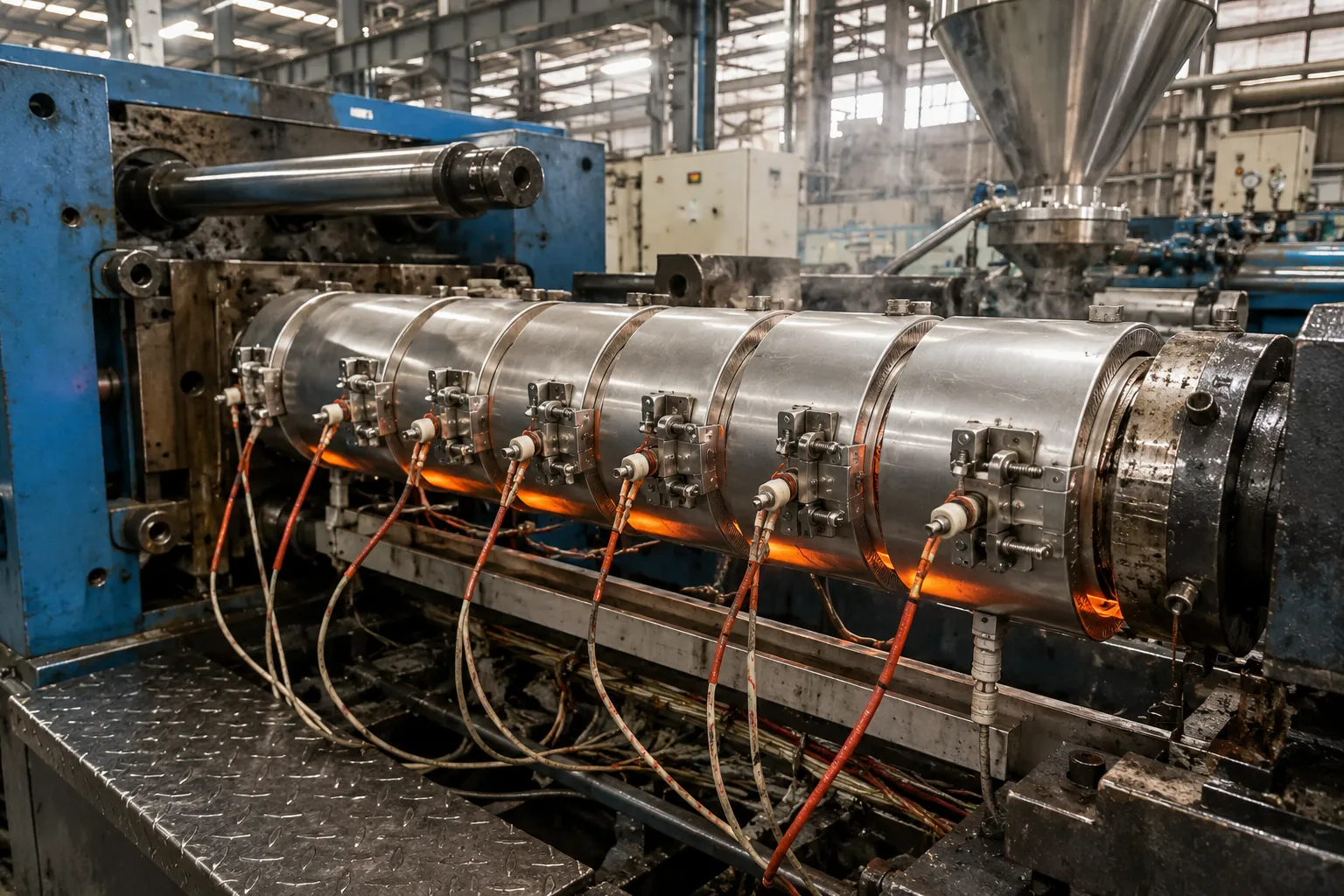 Mica band heaters installed on injection moulding machine barrel heating zones