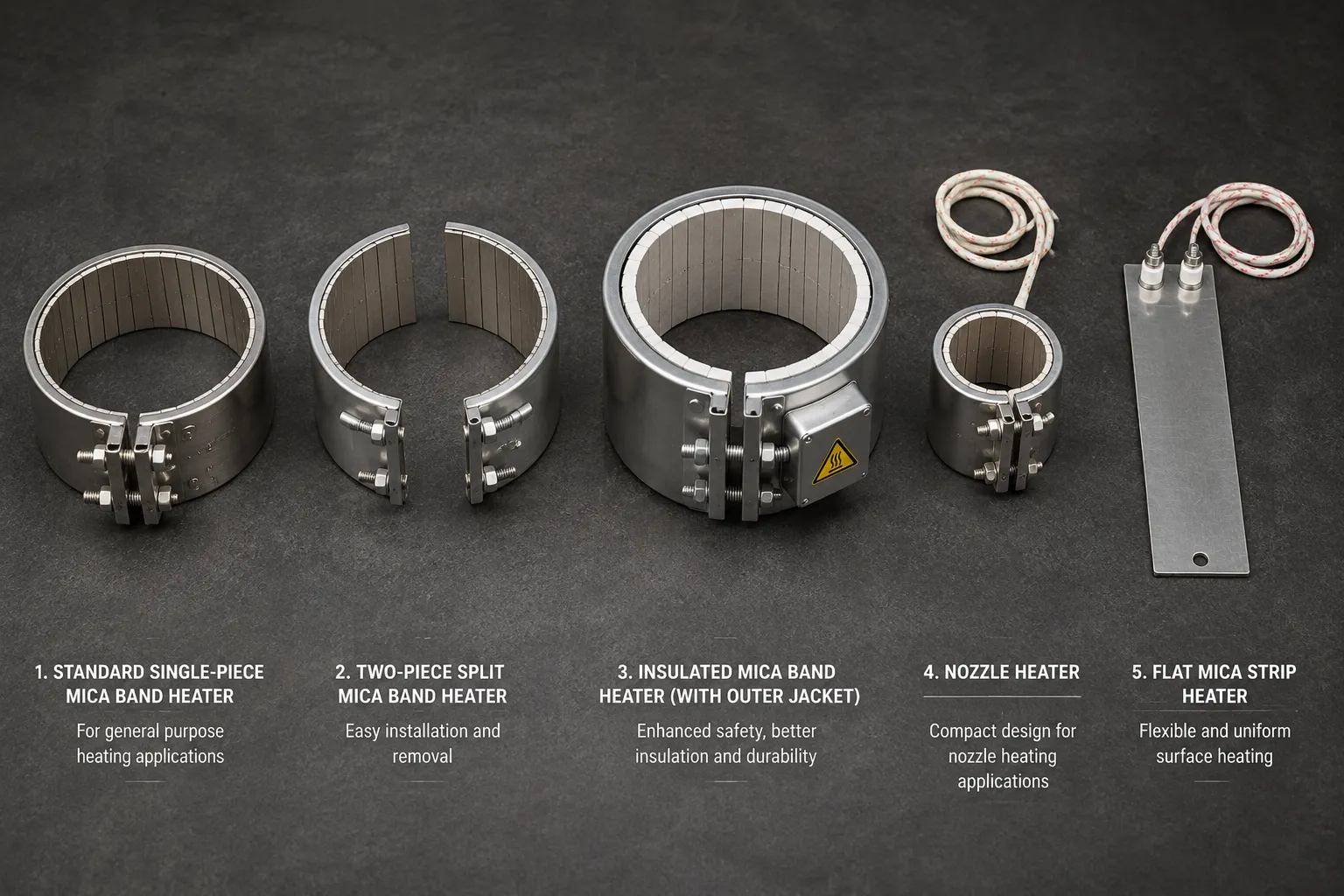 Different types of mica band heaters including standard, split, insulated, and nozzle heaters.