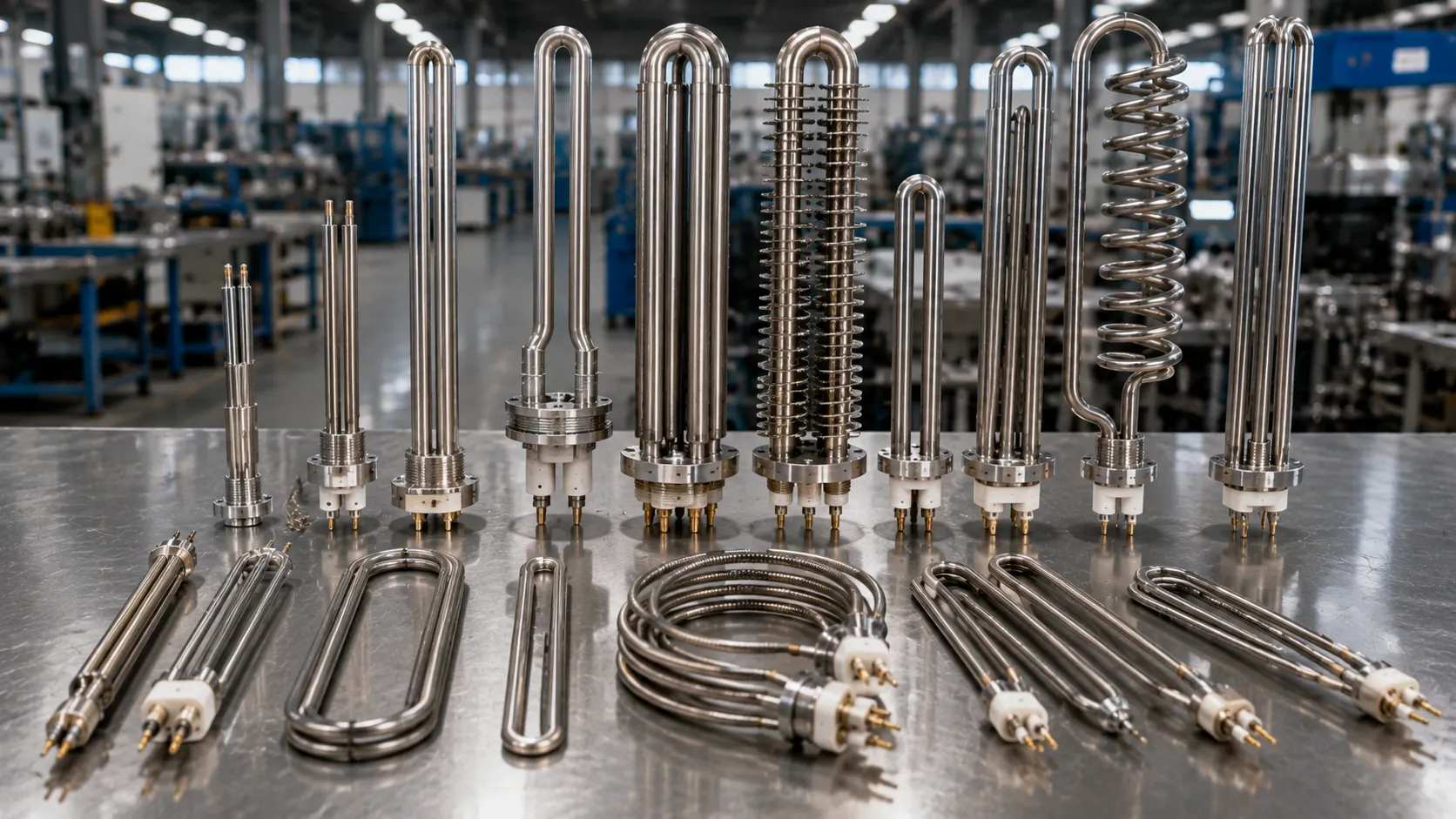 Different types of tubular heaters including straight, U-shaped, finned, immersion and coiled heating elements for industrial applications